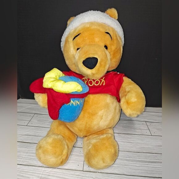 Walt Disney Vintage Christmas Winnie The Pooh Bear Plush 15" Holding Hunny Jar - Picture 3 of 9